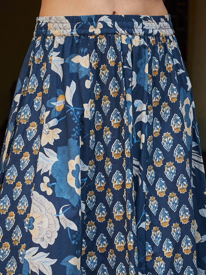 Women Navy Floral Elasticated Anarkali Skirt