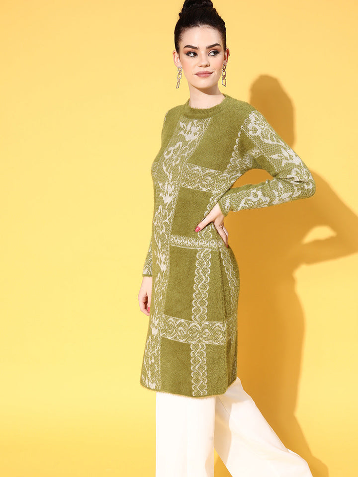 Women Green &amp; White Hair Wool Long Sweater