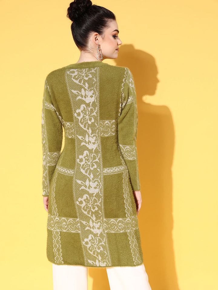 Women Green &amp; White Hair Wool Long Sweater