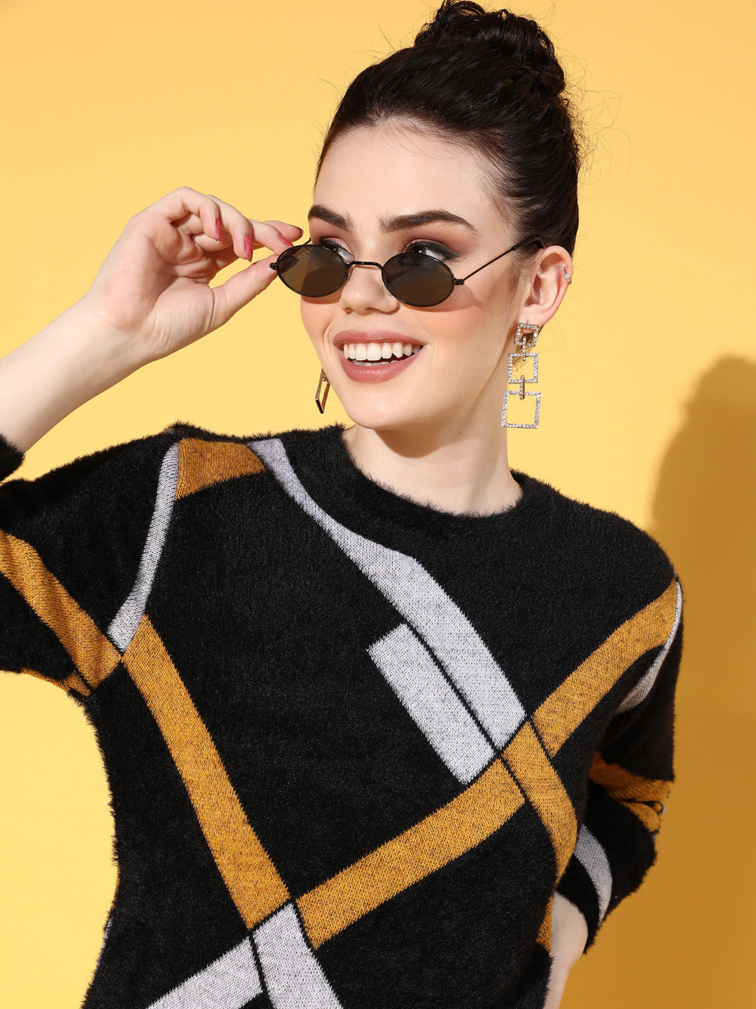 Women Black &amp; Mustard Check Hair Wool Long Sweater