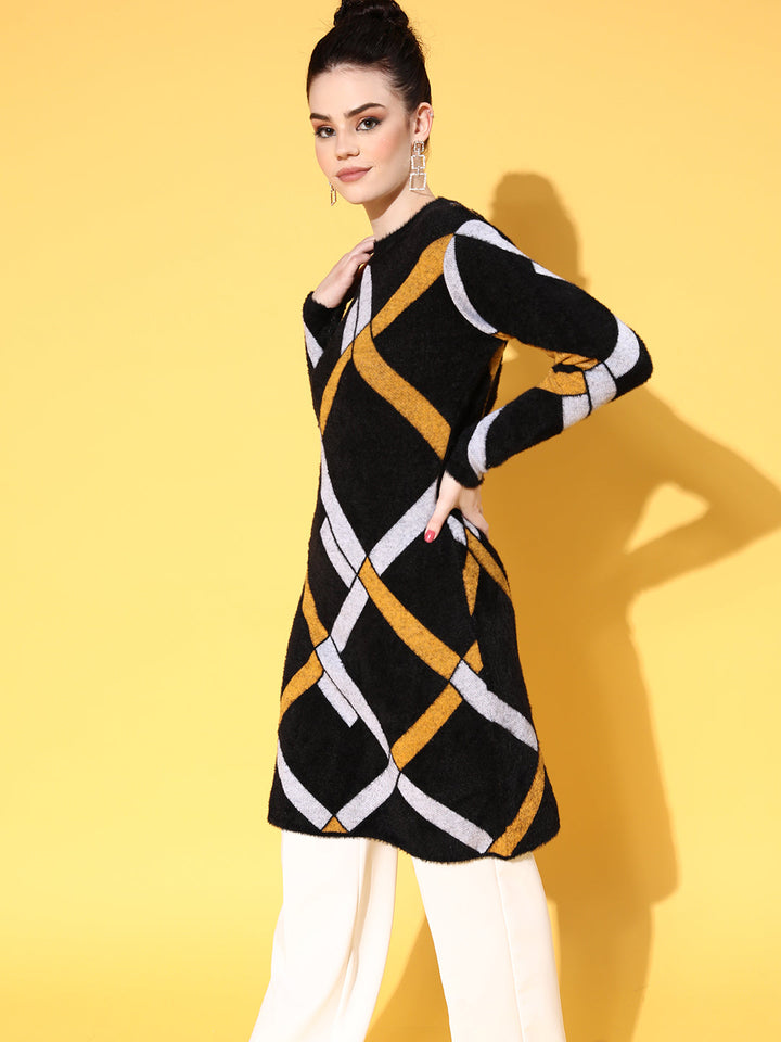 Women Black &amp; Mustard Check Hair Wool Long Sweater
