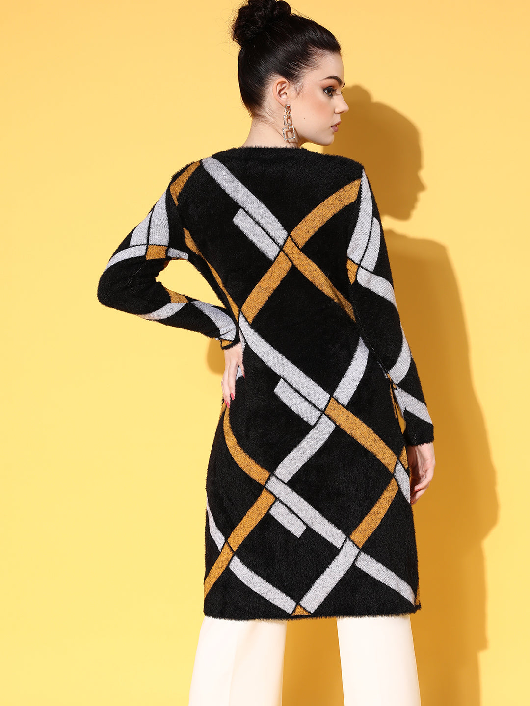 Women Black &amp; Mustard Check Hair Wool Long Sweater