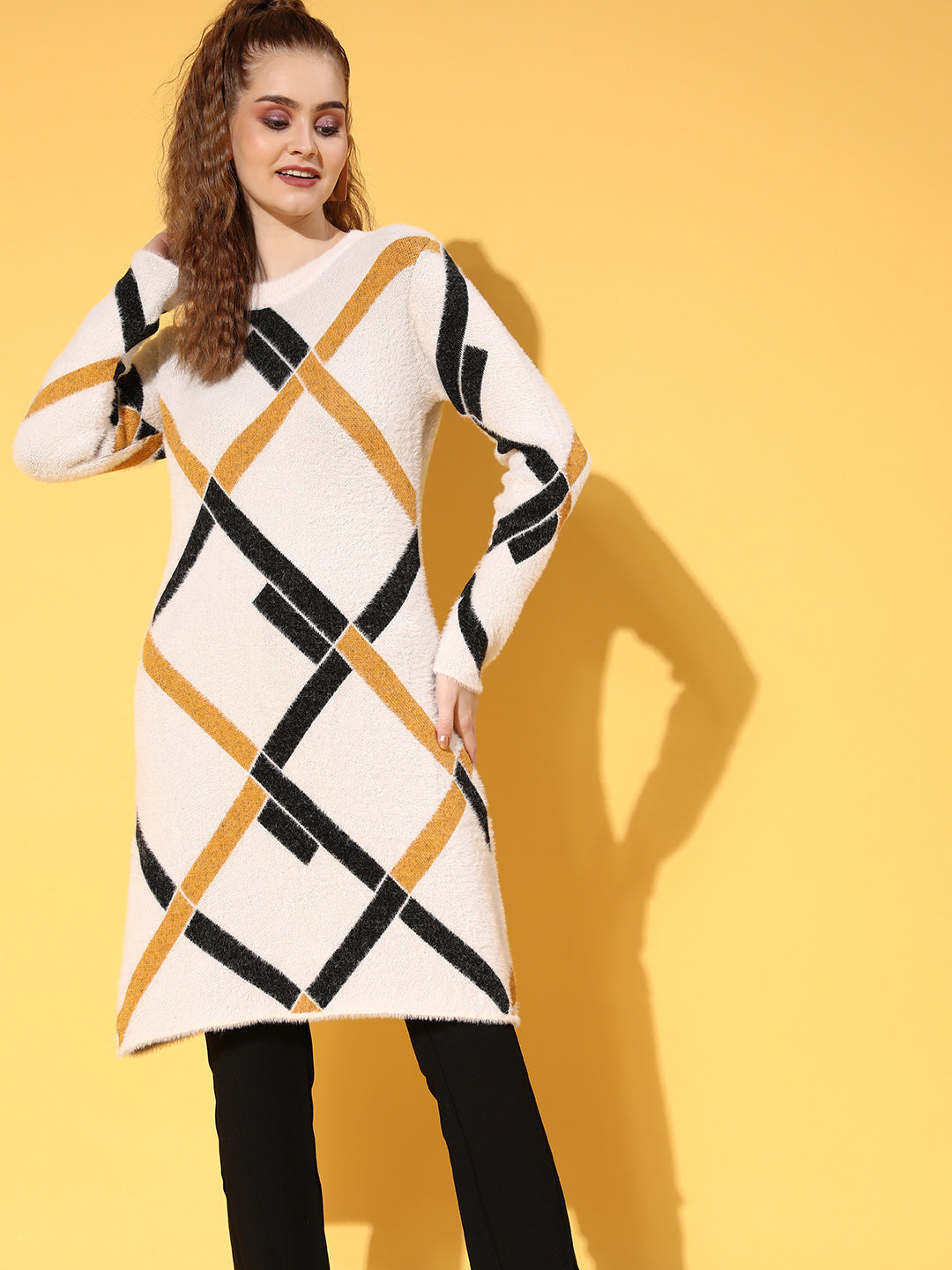 Women White &amp; Mustard Check Hair Wool Long Sweater