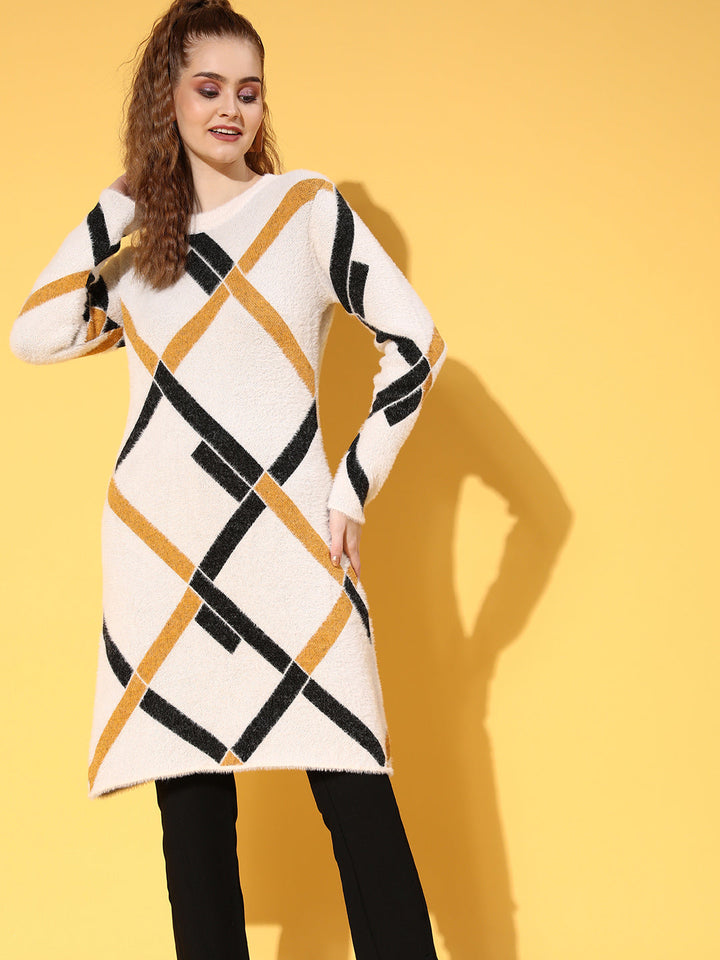 Women White &amp; Mustard Check Hair Wool Long Sweater
