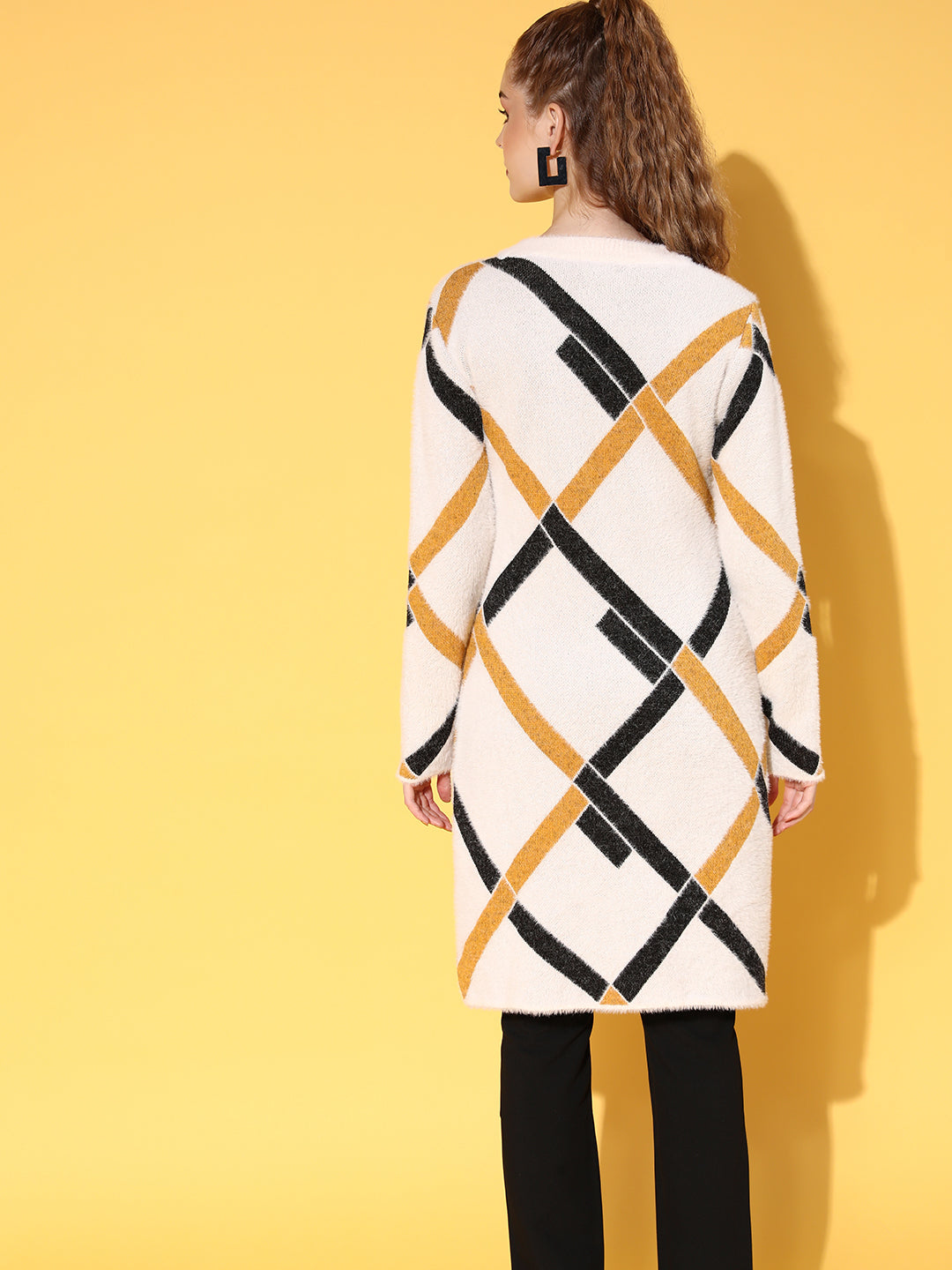 Women White &amp; Mustard Check Hair Wool Long Sweater