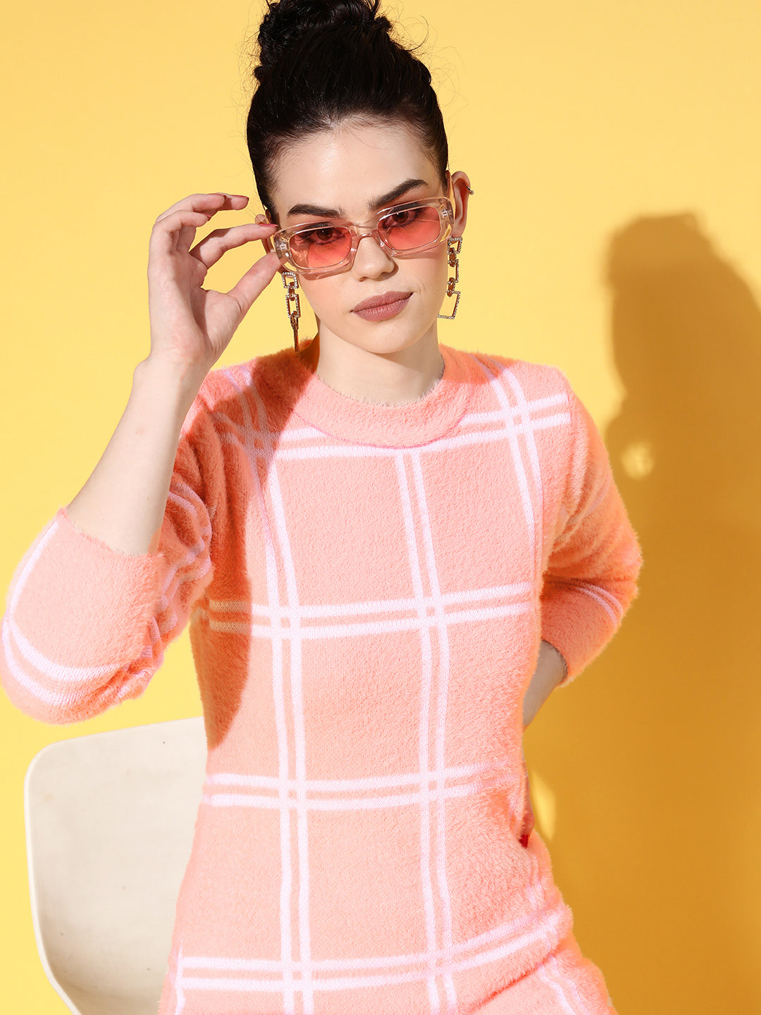 Women Pink &amp; White Check Hair Wool Long Sweater
