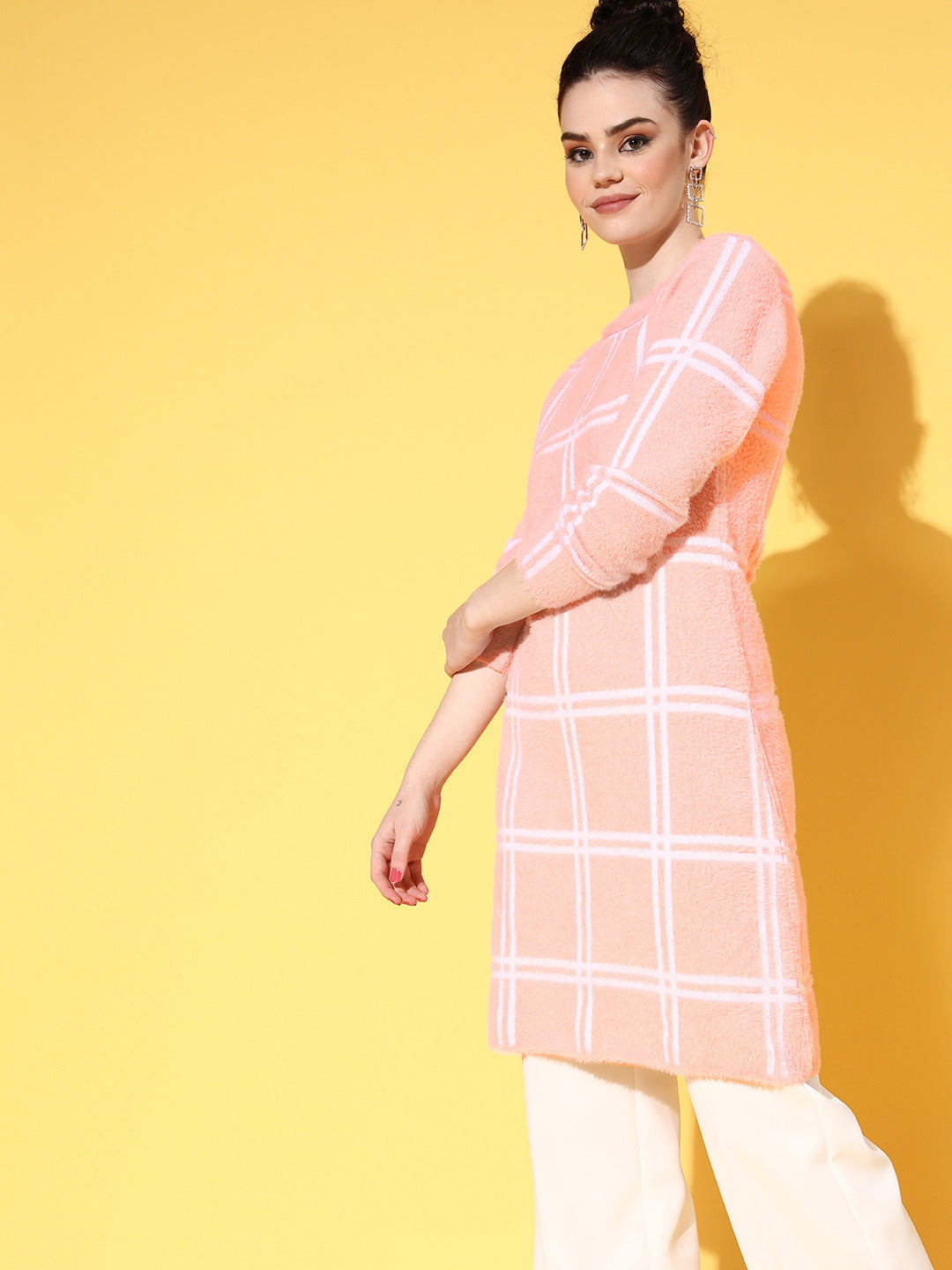 Women Pink &amp; White Check Hair Wool Long Sweater