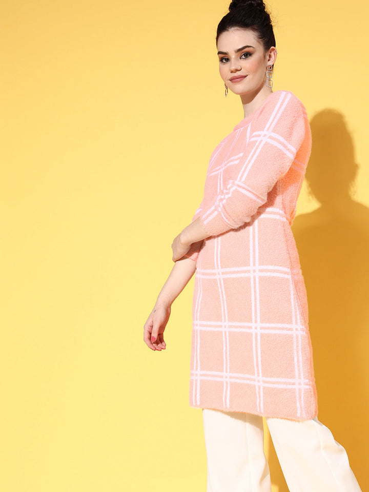 Women Pink &amp; White Check Hair Wool Long Sweater
