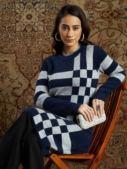 Women's Women Navy & Grey Check Hair Wool Straight Kurta in Nylon by Shae for wholesale, bulk, supplier, manufacturer and wholesaler buyers from Trendphoria
