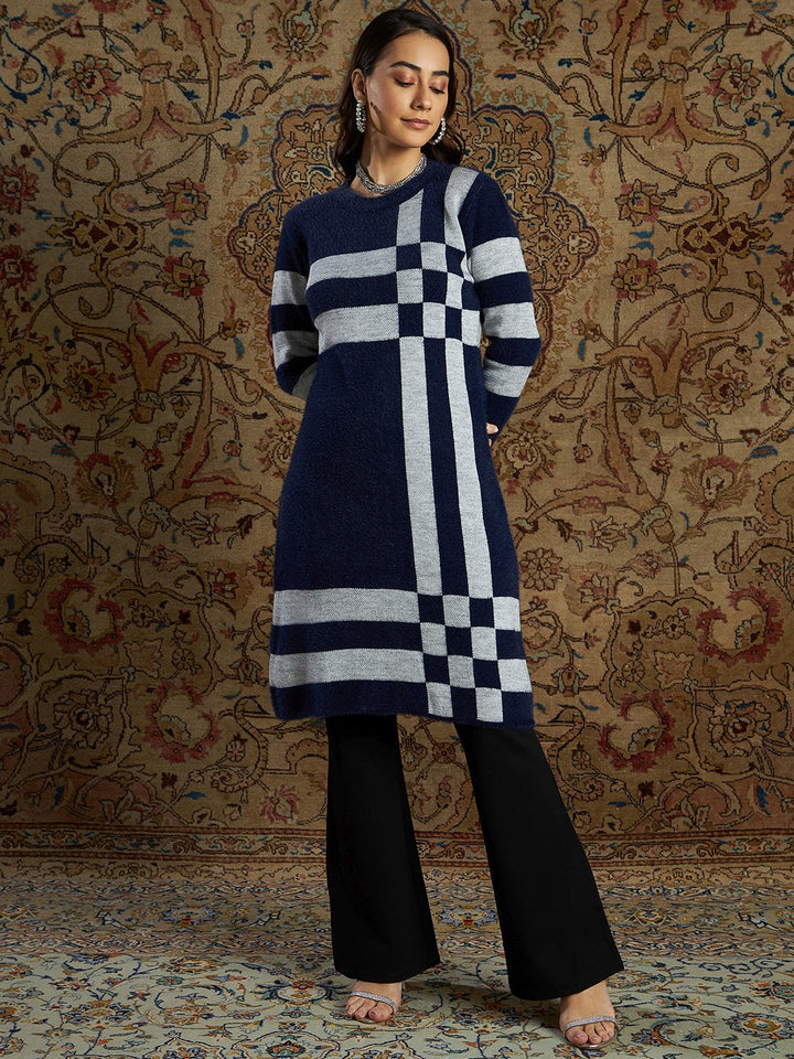 Women Navy &amp; Grey Check Hair Wool Straight Kurta