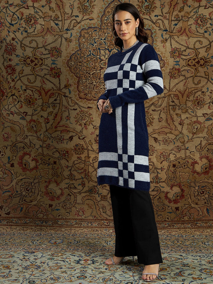 Women Navy &amp; Grey Check Hair Wool Straight Kurta