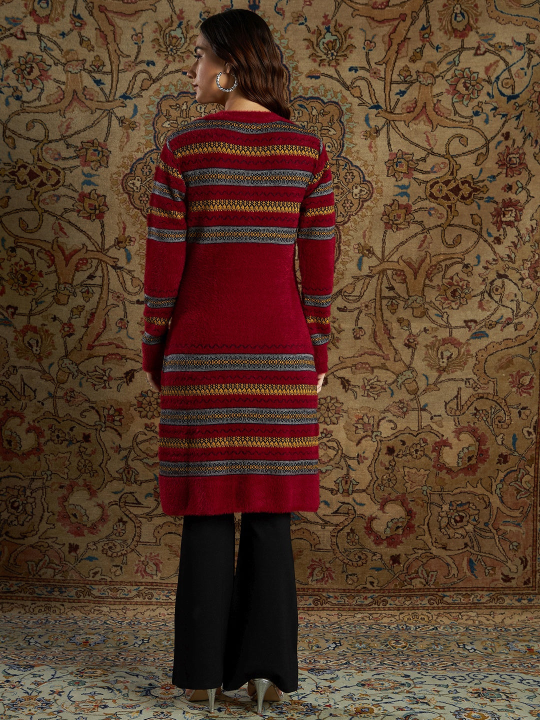 Women Maroon &amp; Mustard Stripe Hair Wool Straight Kurta
