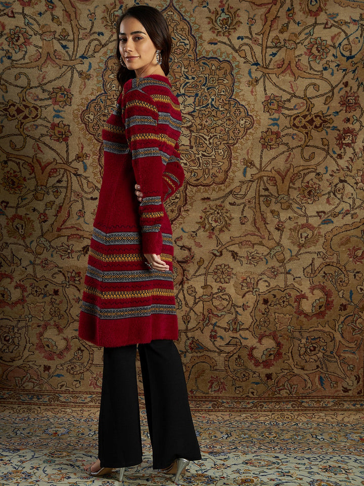Women Maroon &amp; Mustard Stripe Hair Wool Straight Kurta