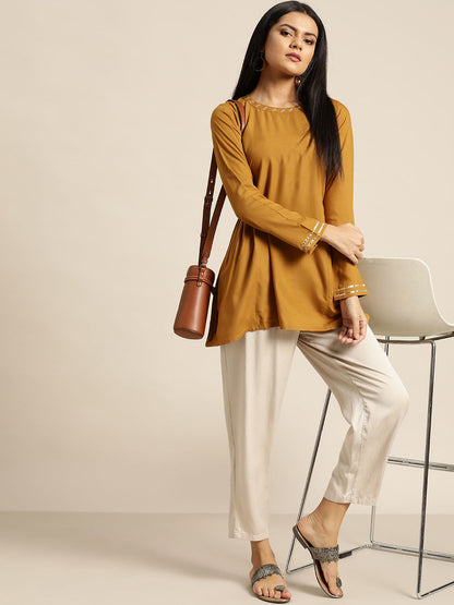 Mustard Zari Embroidered Liva Top