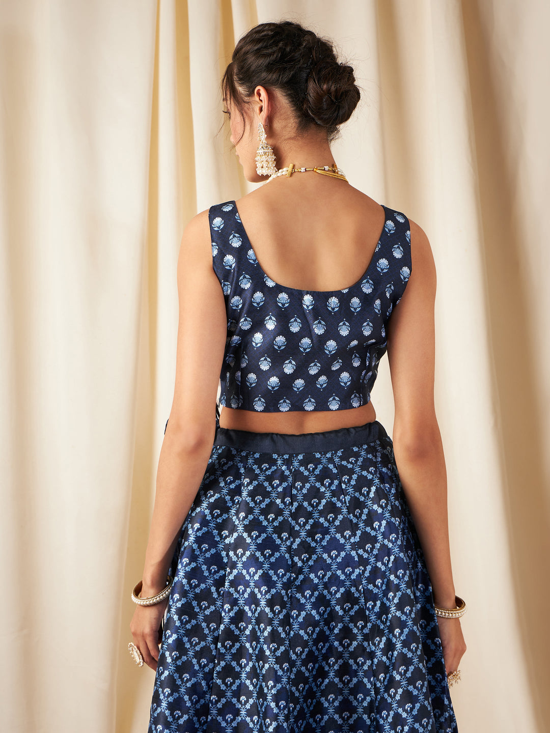 Indigo Booti Floral Sleeveless Crop Top