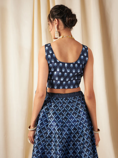 Indigo Booti Floral Sleeveless Crop Top