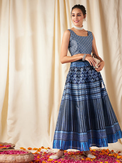 Indigo Floral Geo Print Sleeveless Crop Top