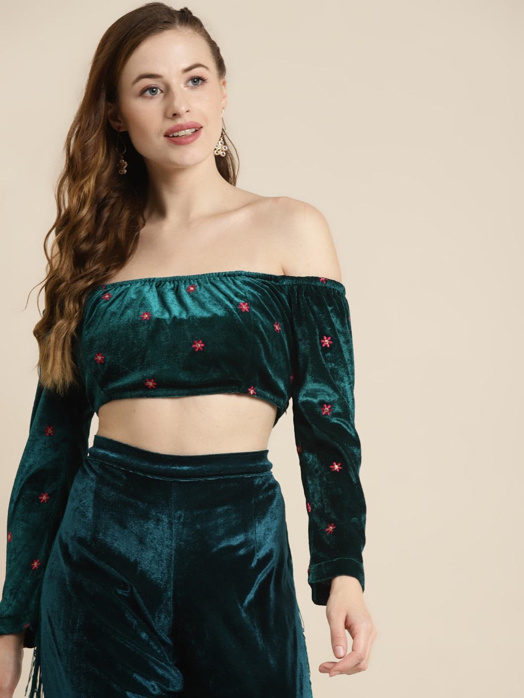 Women's Teal Off Shoulder Velvet Embroidered Crop Top in Cotton by Shae for wholesale, bulk, supplier, manufacturer and wholesaler buyers from Trendphoria