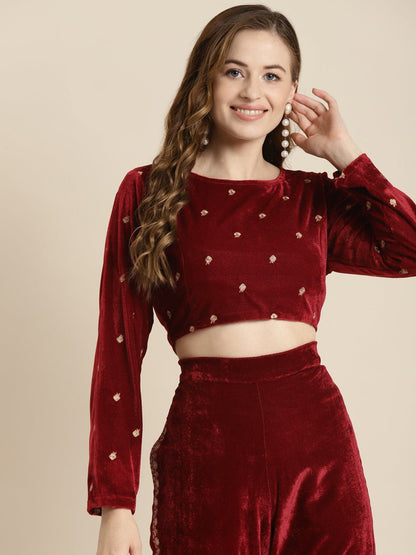 Maroon Full Sleeve Embroidered Velvet Crop Top-Blouse-SASSAFRAS