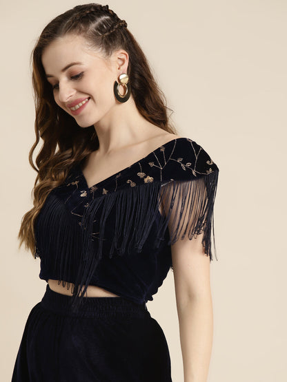 Navy Embroidered Fringe Lace Velvet Crop Top