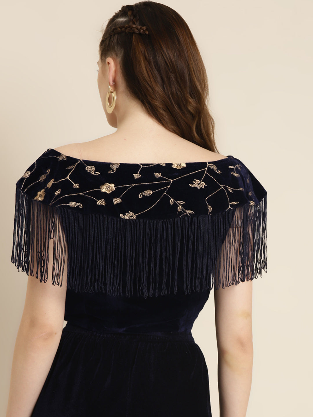 Navy Embroidered Fringe Lace Velvet Crop Top