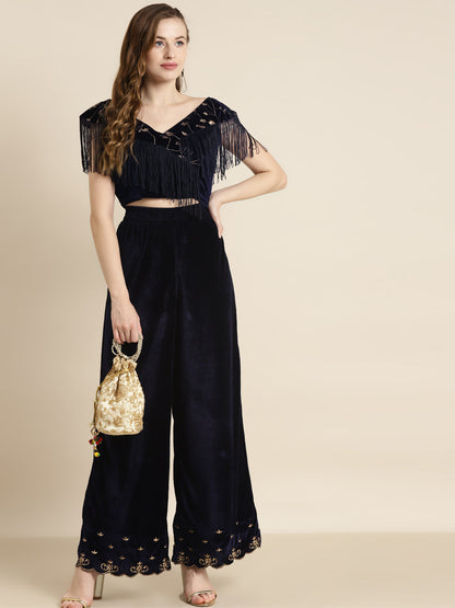 Navy Embroidered Fringe Lace Velvet Crop Top