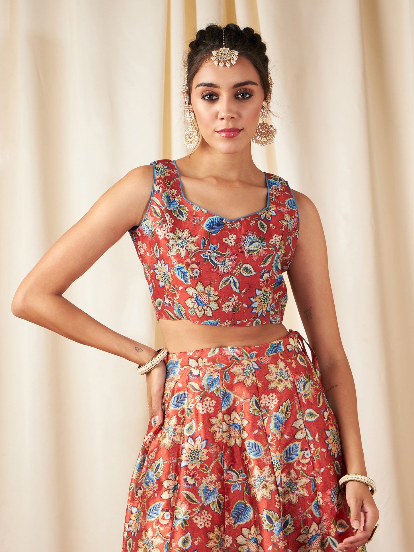 Orange Floral Sweetheart Neck Crop Top