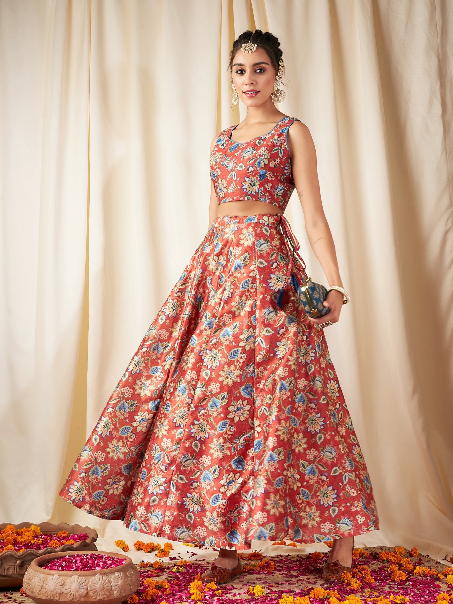 Orange Floral Sweetheart Neck Crop Top