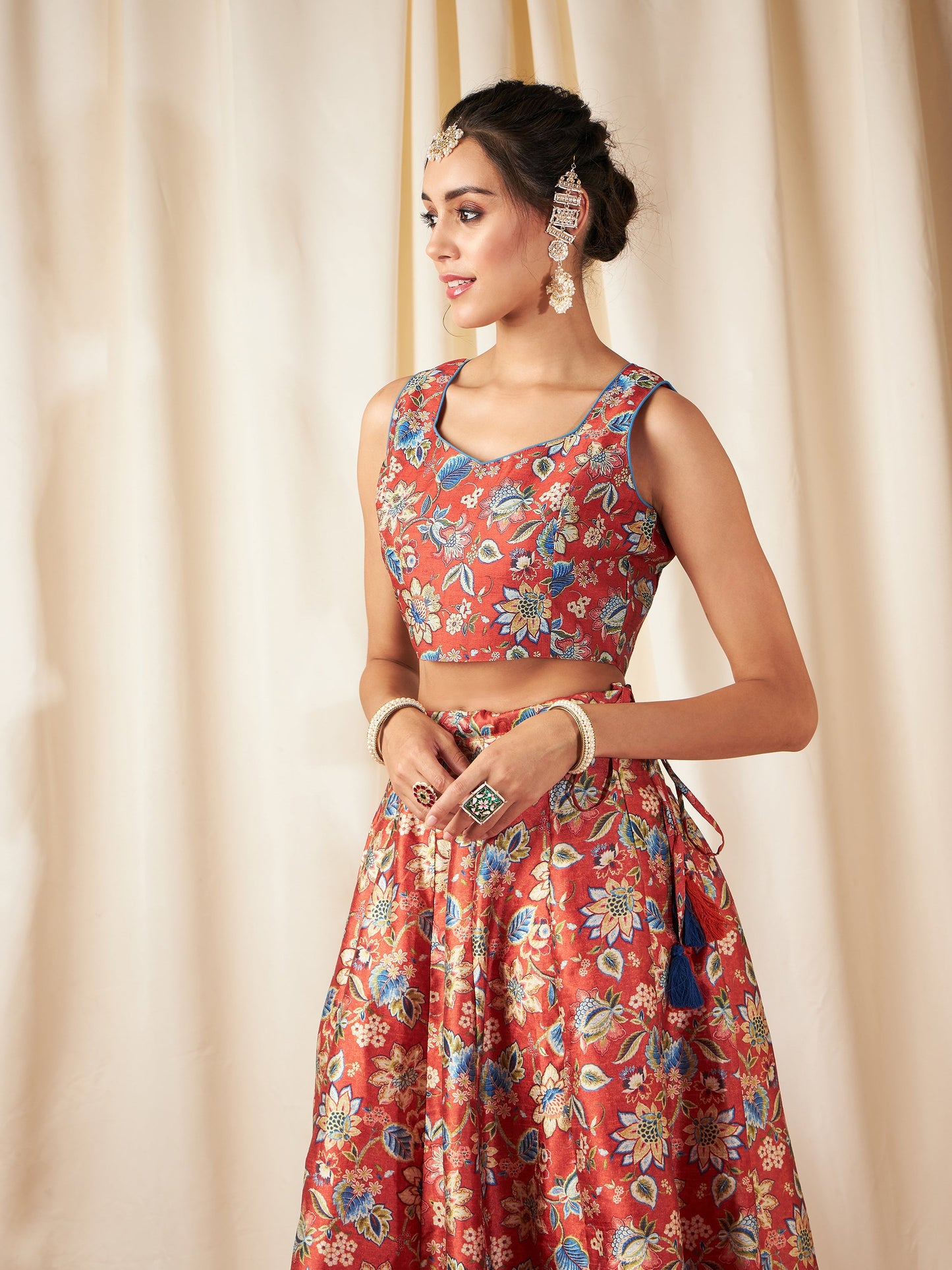 Orange Floral Sweetheart Neck Crop Top