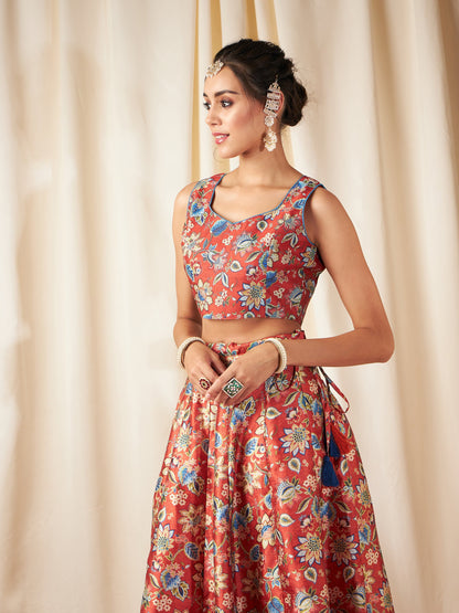 Orange Floral Sweetheart Neck Crop Top
