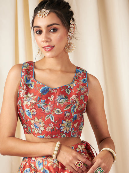 Orange Floral Sweetheart Neck Crop Top