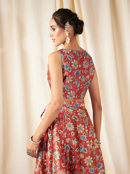 Orange Floral Sweetheart Neck Crop Top