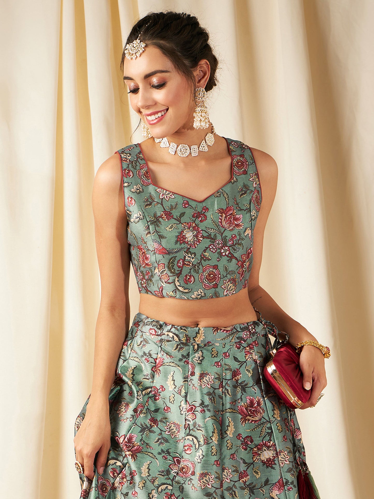 Olive Floral Sweetheart Neck Crop Top