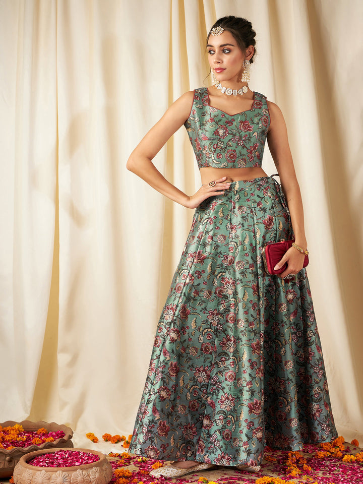 Olive Floral Sweetheart Neck Crop Top