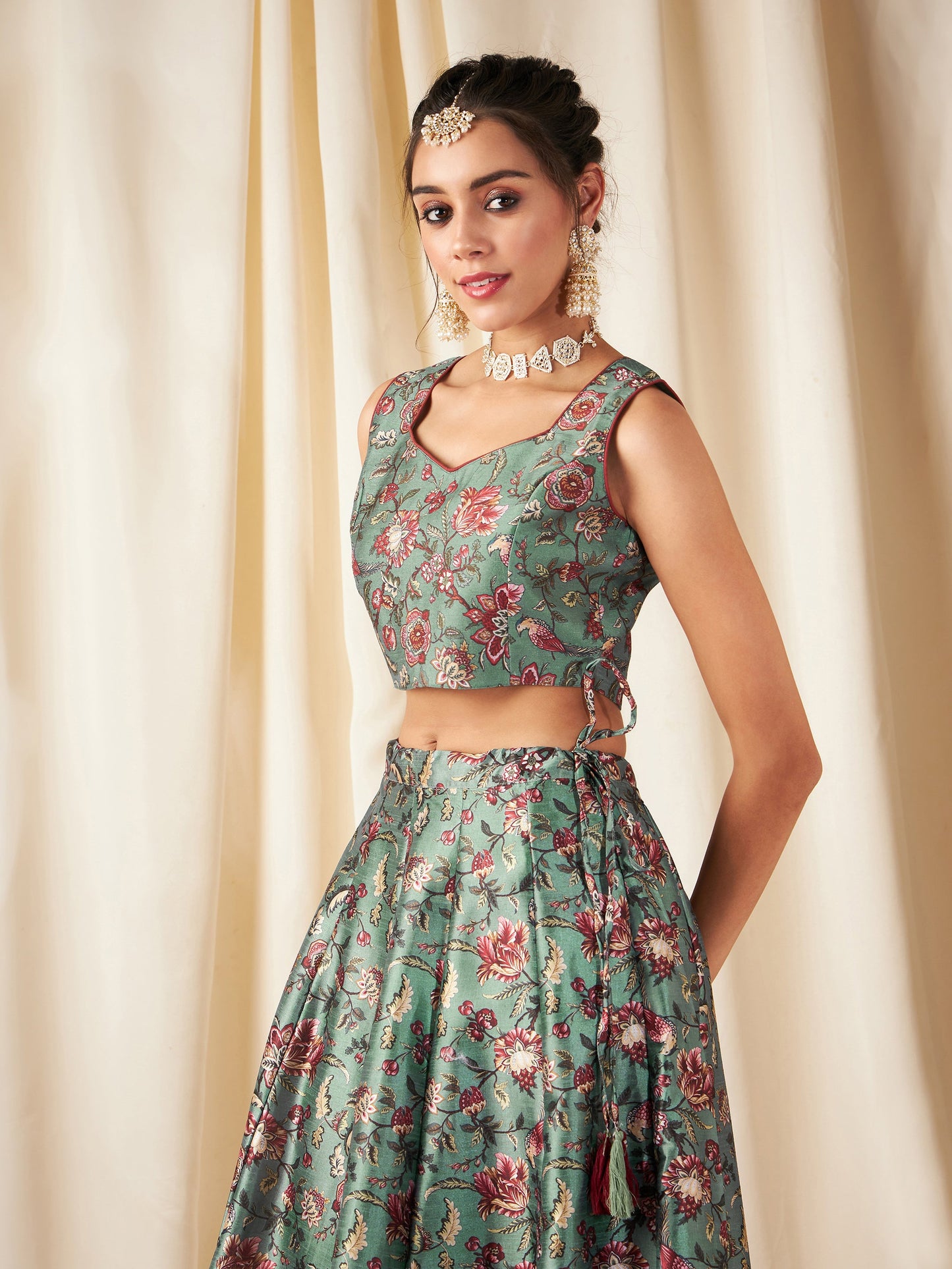 Olive Floral Sweetheart Neck Crop Top