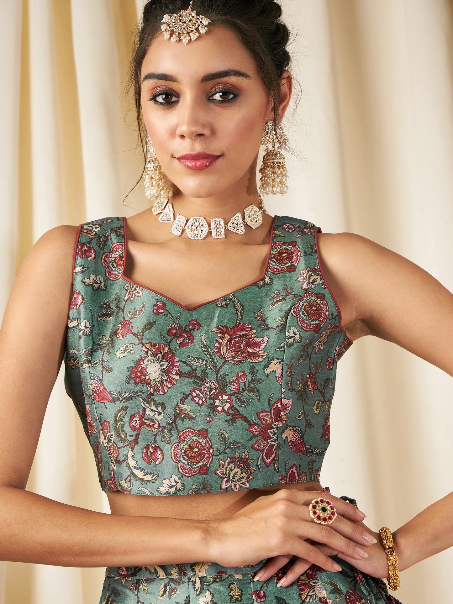 Olive Floral Sweetheart Neck Crop Top