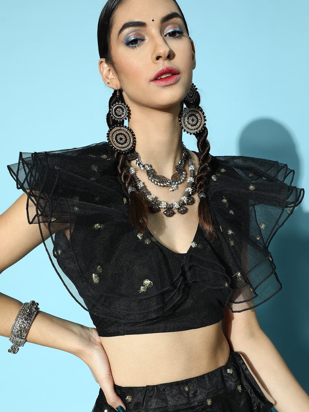 Women Black Tulle Sequin V Neck Crop Top-Tops-SASSAFRAS