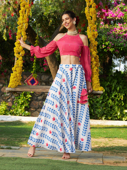 Pink Embroidered Cold Shoulder Crop Top