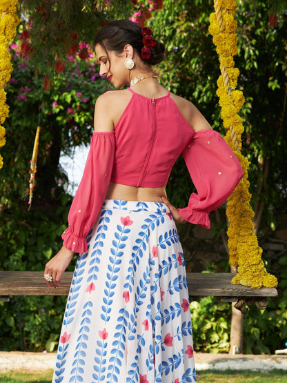 Pink Embroidered Cold Shoulder Crop Top