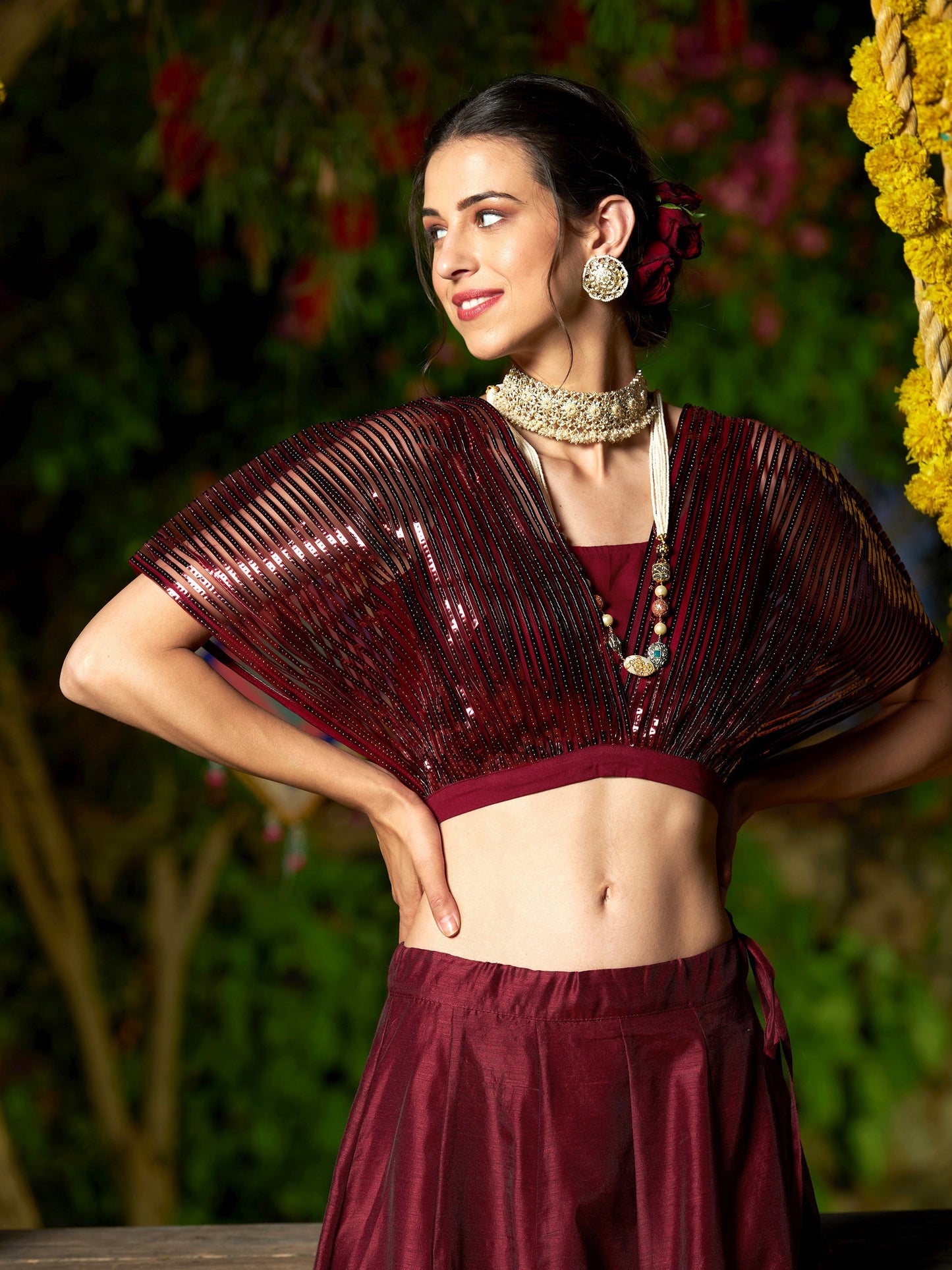Maroon Mesh Mettalic Stripe Detail Crop Top