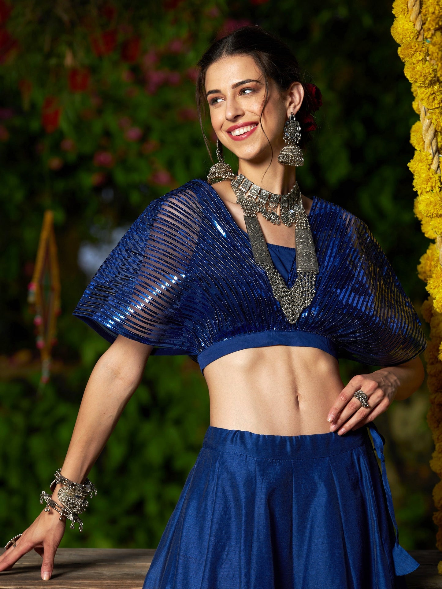 Blue Mesh Mettalic Stripe Detail Crop Top