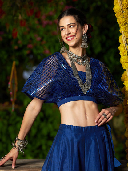 Blue Mesh Mettalic Stripe Detail Crop Top