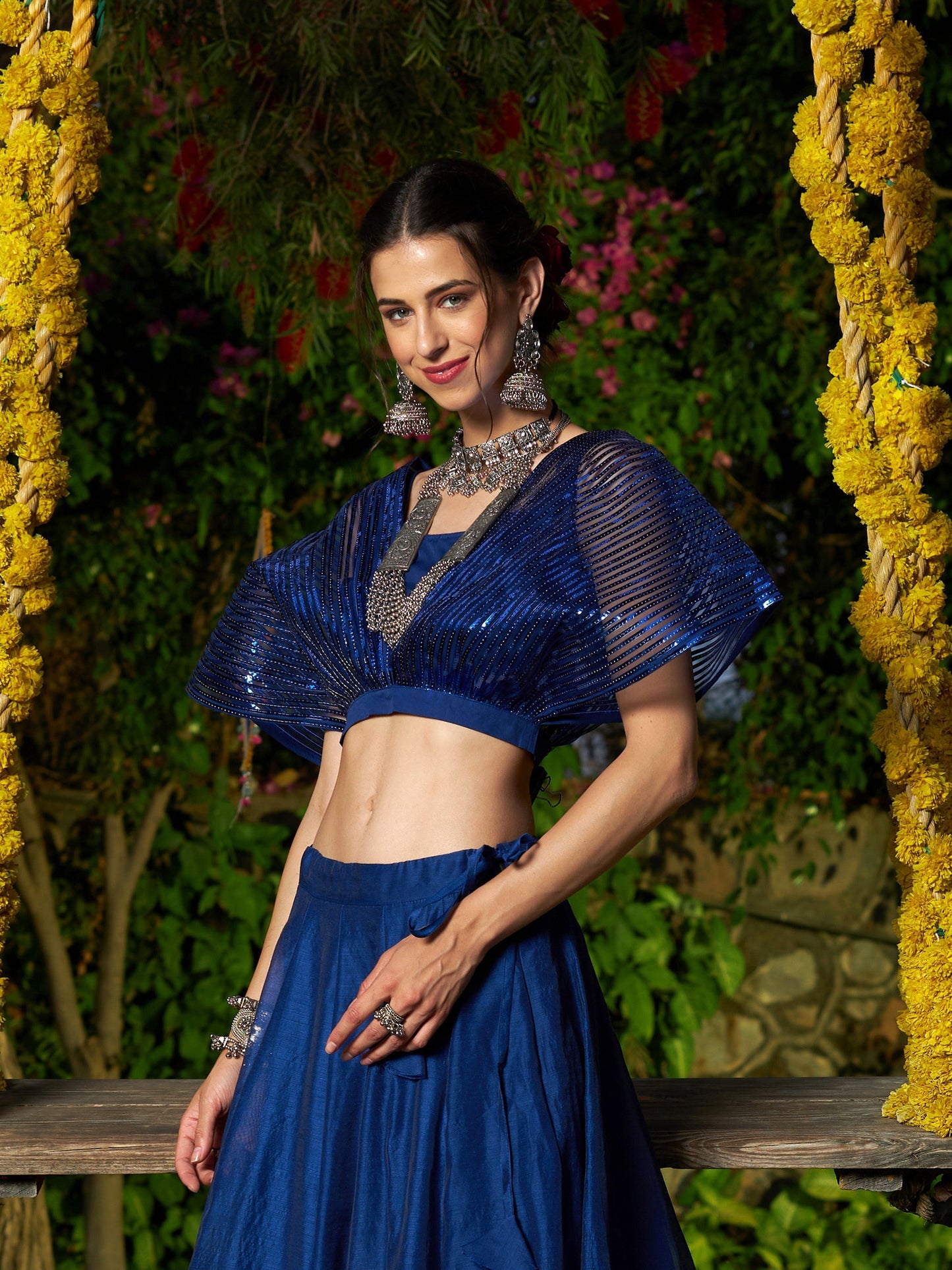 Blue Mesh Mettalic Stripe Detail Crop Top
