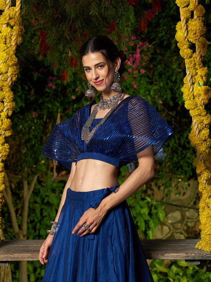 Blue Mesh Mettalic Stripe Detail Crop Top