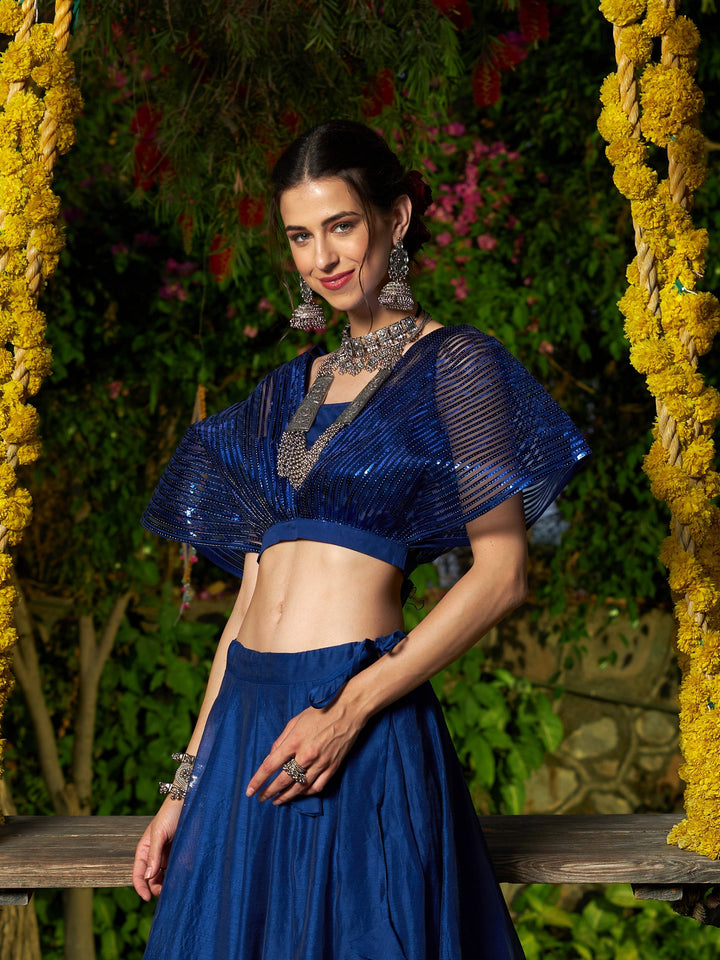 Blue Mesh Mettalic Stripe Detail Crop Top