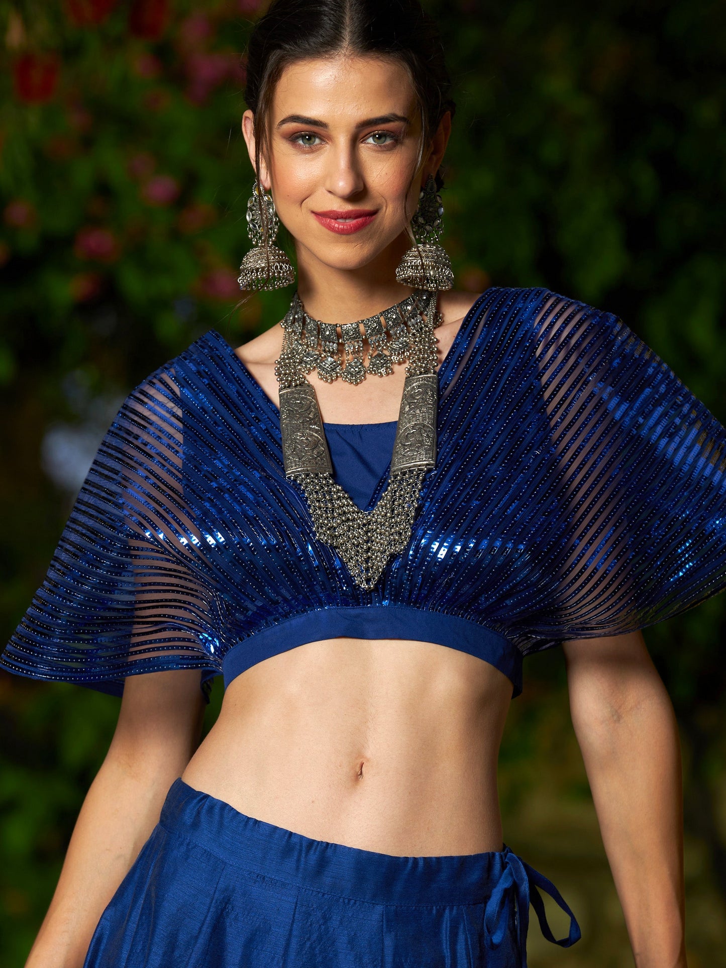 Blue Mesh Mettalic Stripe Detail Crop Top