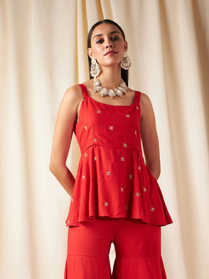 Red Zari Embroidered Strappy Top