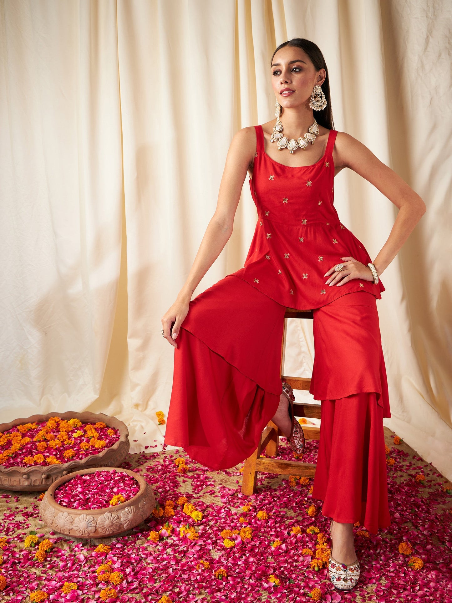 Red Zari Embroidered Strappy Top