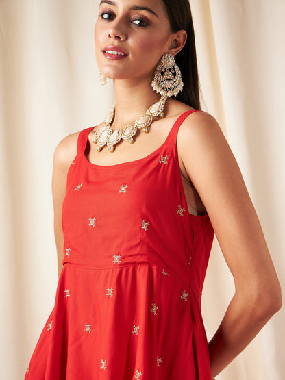Red Zari Embroidered Strappy Top