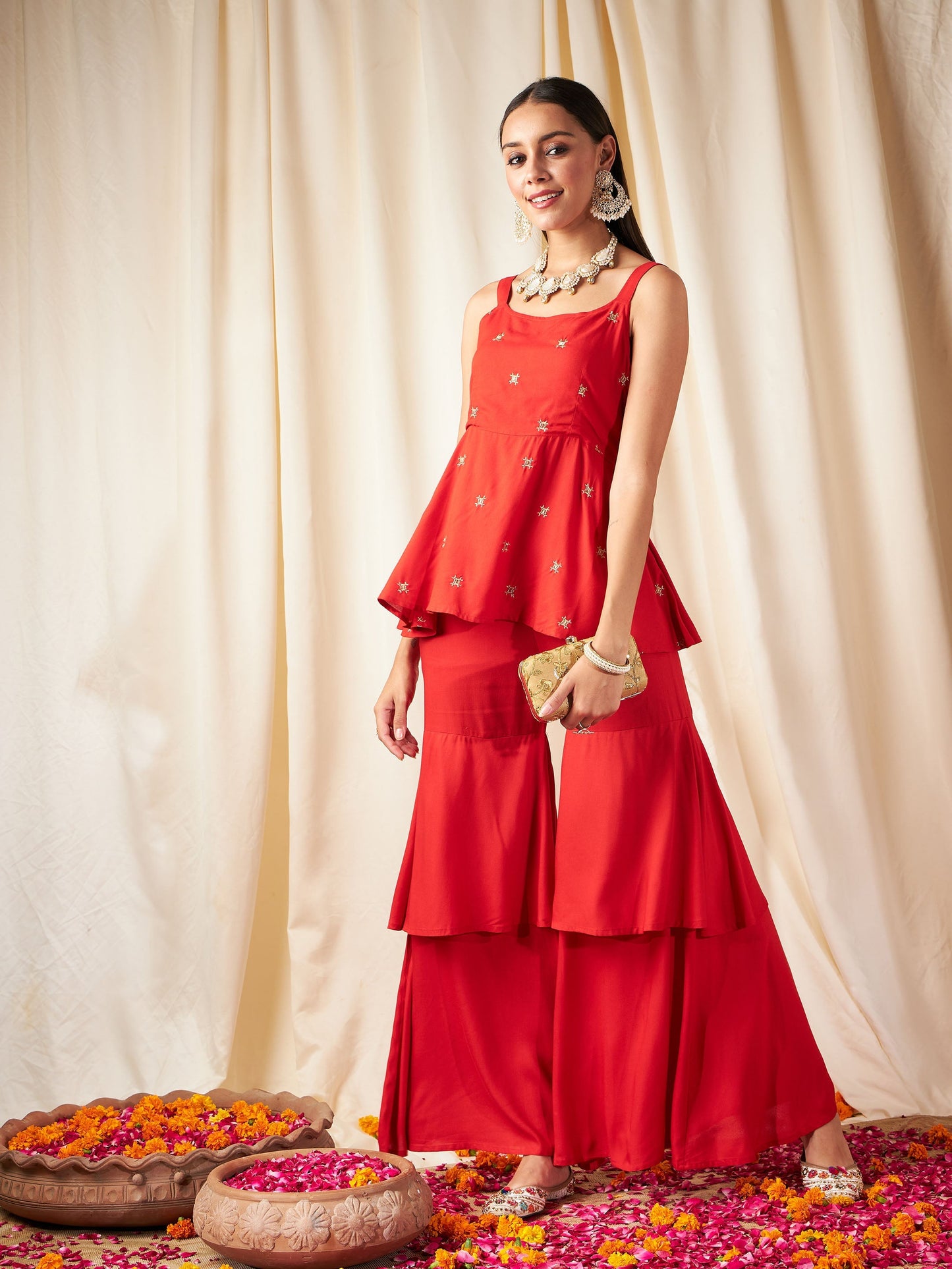 Red Zari Embroidered Strappy Top